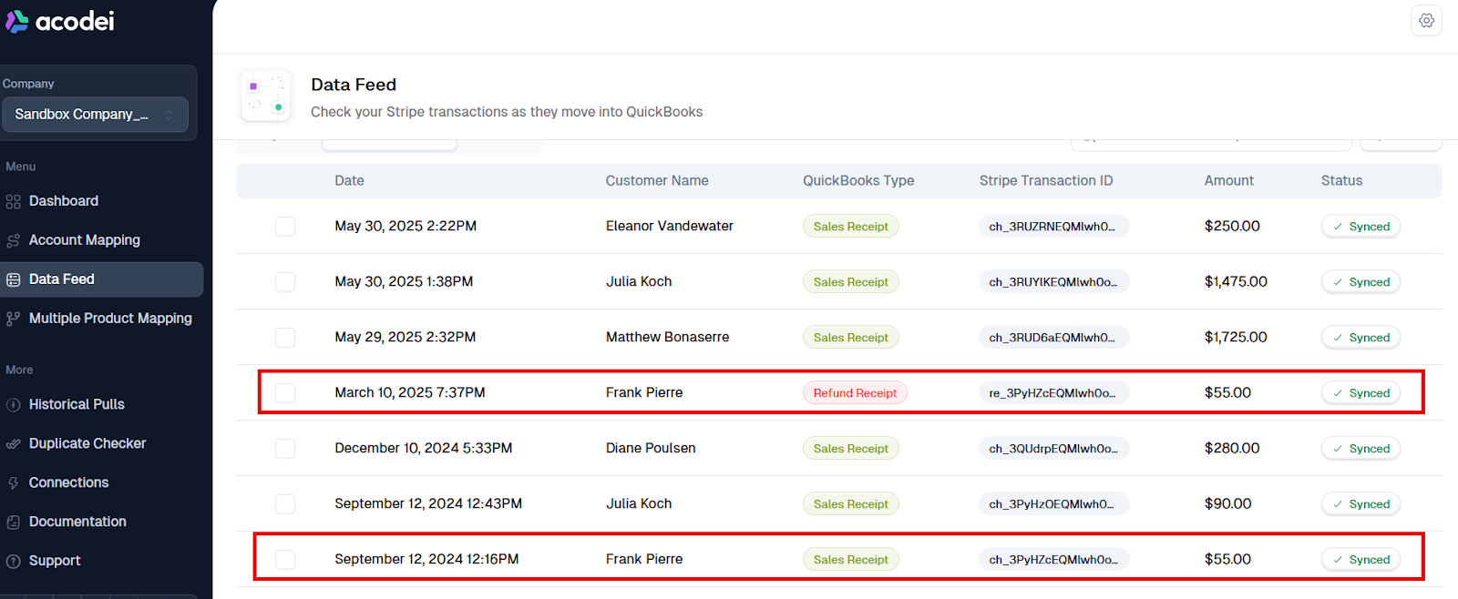 Shows a refund on the Sales and Refunds tab of the Data Feed in Acodei